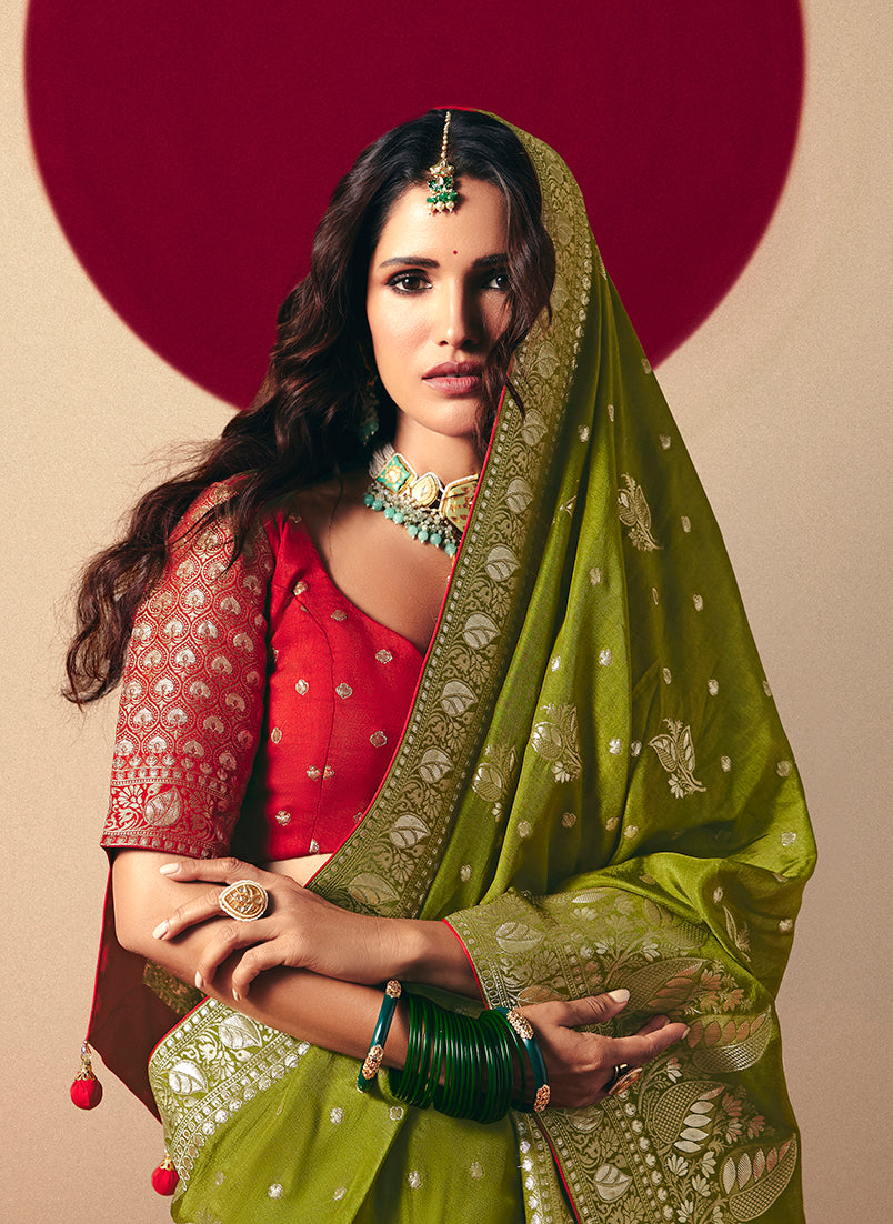 Monjolika Fashion Viscose Silk Olive Green Saree With Rich Zari Weaving & Designer Tassels