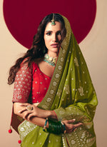 Thumbnail for Monjolika Fashion Viscose Silk Olive Green Saree With Rich Zari Weaving & Designer Tassels