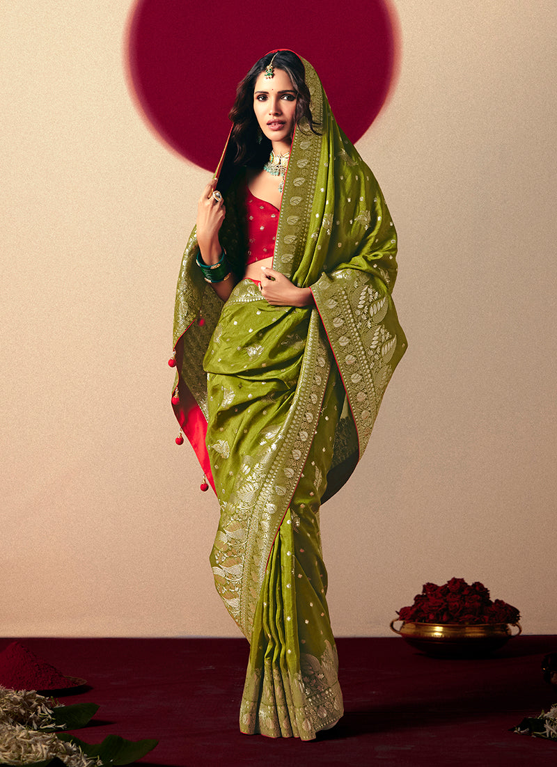 Monjolika Fashion Viscose Silk Olive Green Saree With Rich Zari Weaving & Designer Tassels