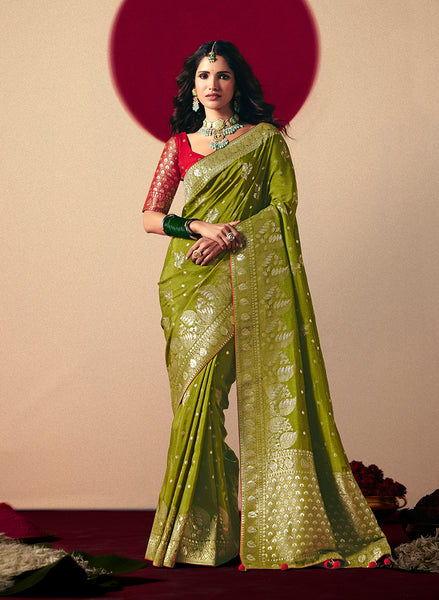 Monjolika Fashion Viscose Silk Olive Green Saree With Rich Zari Weaving & Designer Tassels
