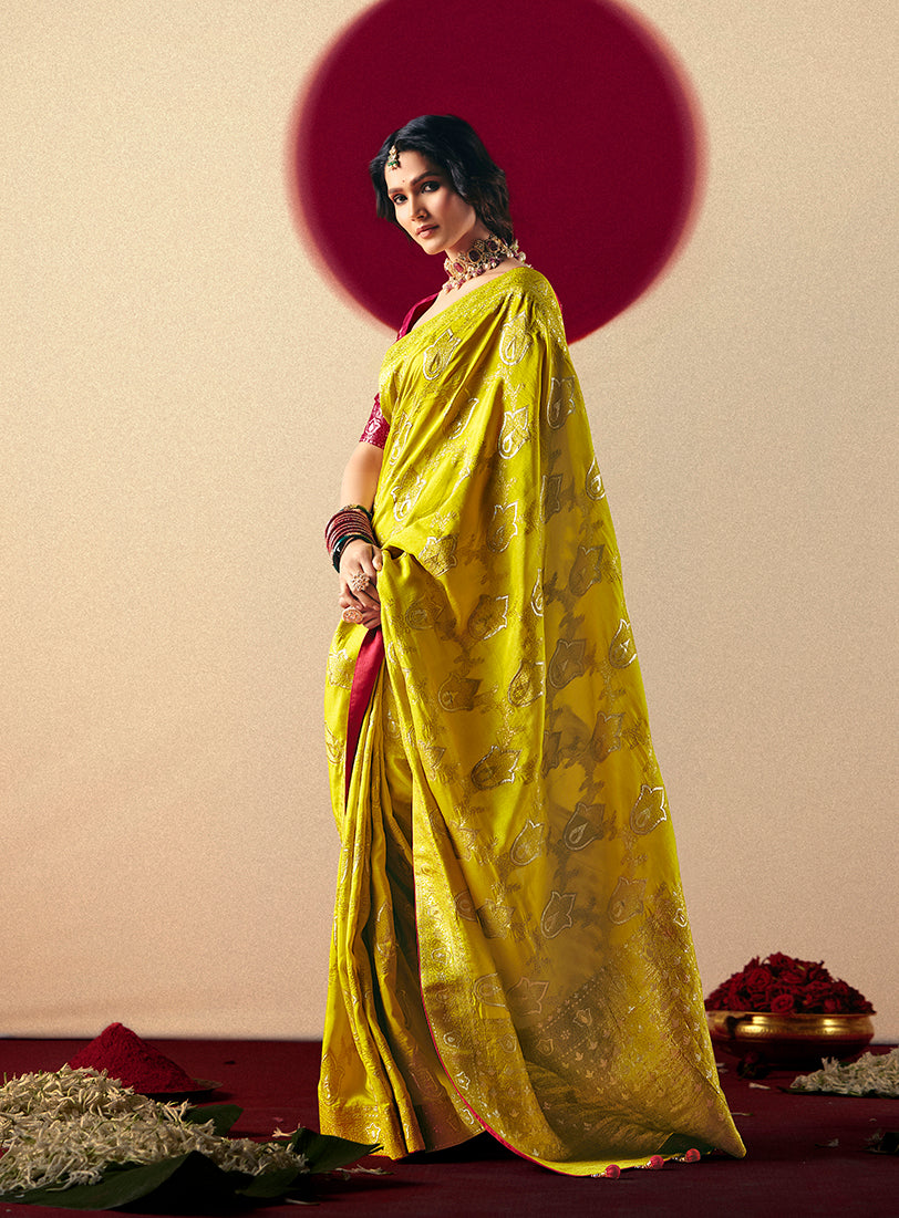 Monjolika Fashion Viscose Silk Pear Saree With Rich Zari Weaving & Designer Tassels