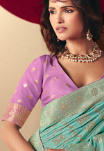 Thumbnail for Monjolika Fashion Viscose Silk Aqua Blue Saree With Rich Zari Weaving & Designer Tassels