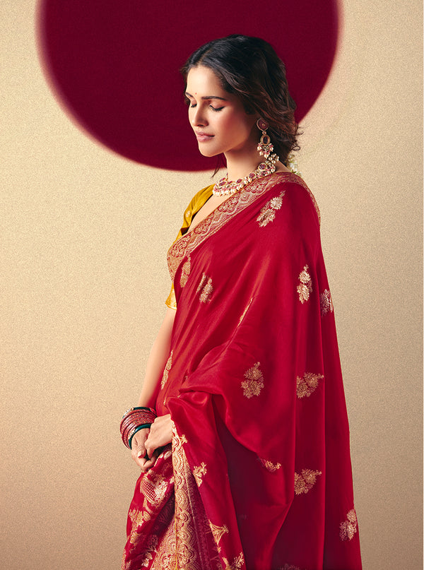 Monjolika Fashion Viscose Silk Red Saree With Rich Zari Weaving & Designer Tassels