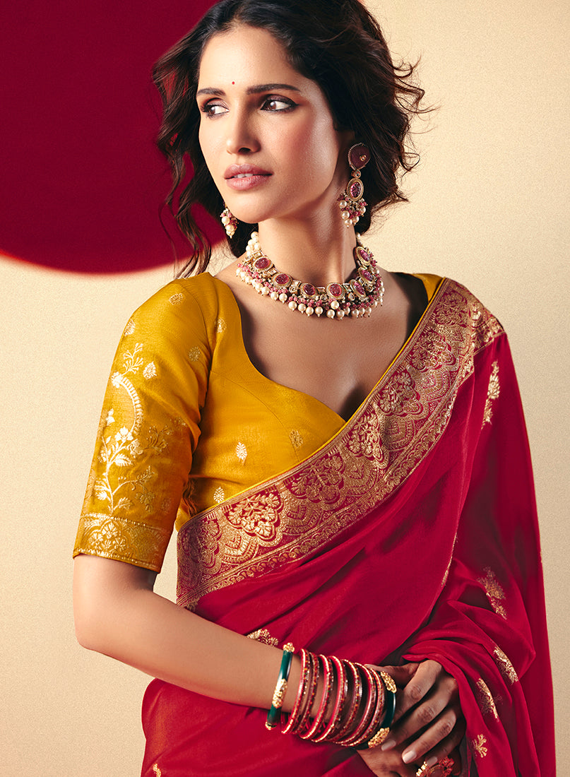 Monjolika Fashion Viscose Silk Red Saree With Rich Zari Weaving & Designer Tassels