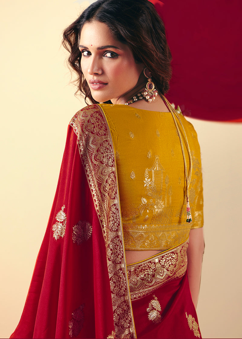 Monjolika Fashion Viscose Silk Red Saree With Rich Zari Weaving & Designer Tassels