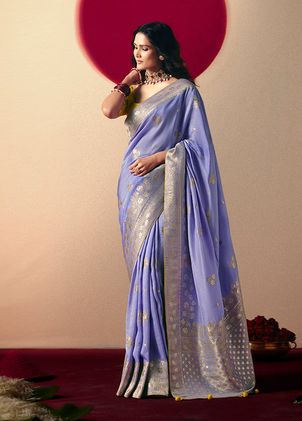 Monjolika Fashion Viscose Silk Lavender Saree With Rich Zari Weaving & Designer Tassels