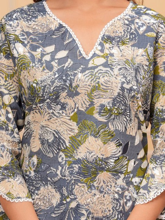 Floral Print Mandarin Collar Shirt Style Top (Grey) - Rasiya