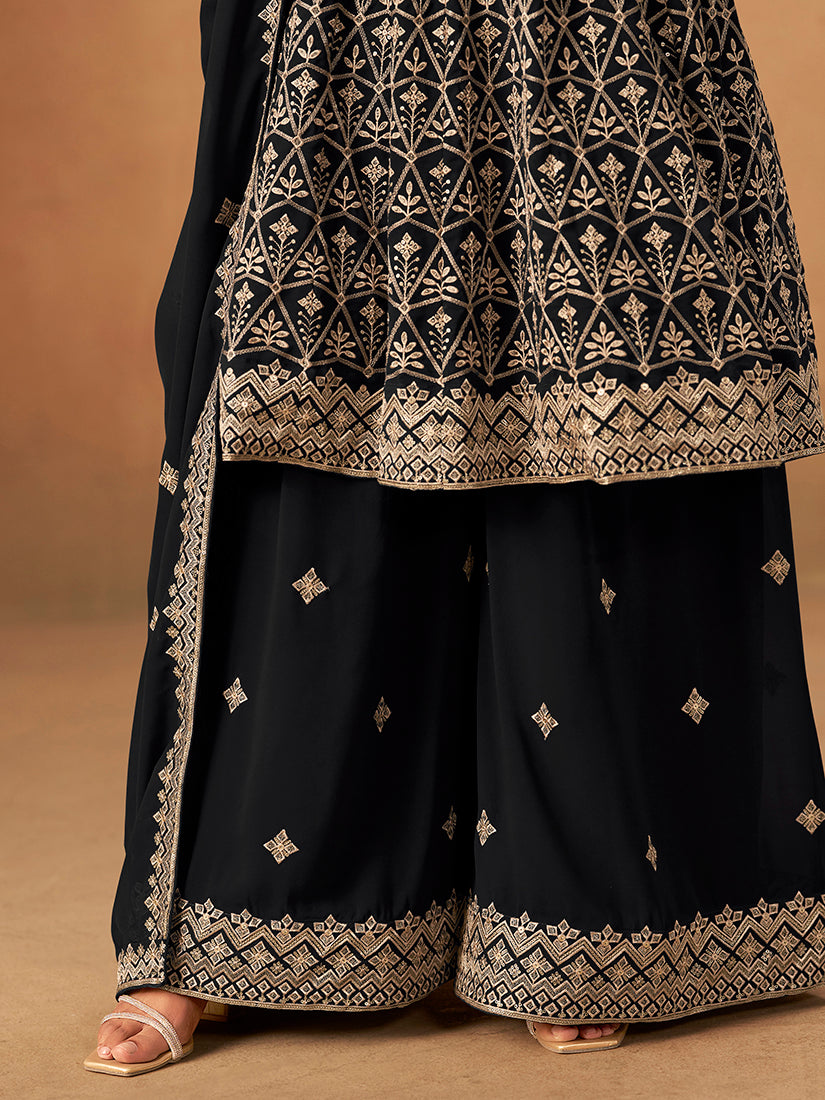 Monjolika Fashion Black Embroidered Faux Georgette Trendy Palazzo Salwar Kameez