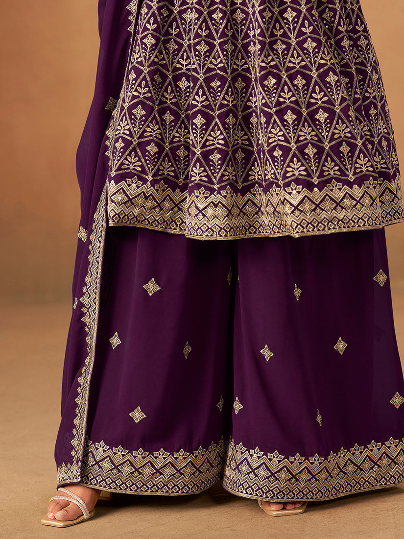 Monjolika Fashion Purple Embroidered Faux Georgette Trendy Palazzo Salwar Kameez