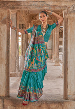 Thumbnail for Monjolika Fashion Turquoise Printed Silk Contemporary Saree