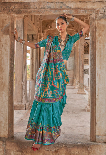 Monjolika Fashion Turquoise Printed Silk Contemporary Saree