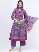 Thumbnail for Vishudh Women Purple Printed Empire Pure Cotton Anarkali Kurta With Trousers And Dupatta - Distacart