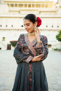 Thumbnail for Vaasva Black Chinon Floral Embroidered Angrakha, Pant & Dupatta set - Distacart