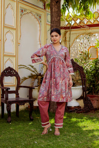 Thumbnail for Vaasva Women Brown Muslin Floral Print Alia cut Kurta & Pant (Cord set) - Distacart