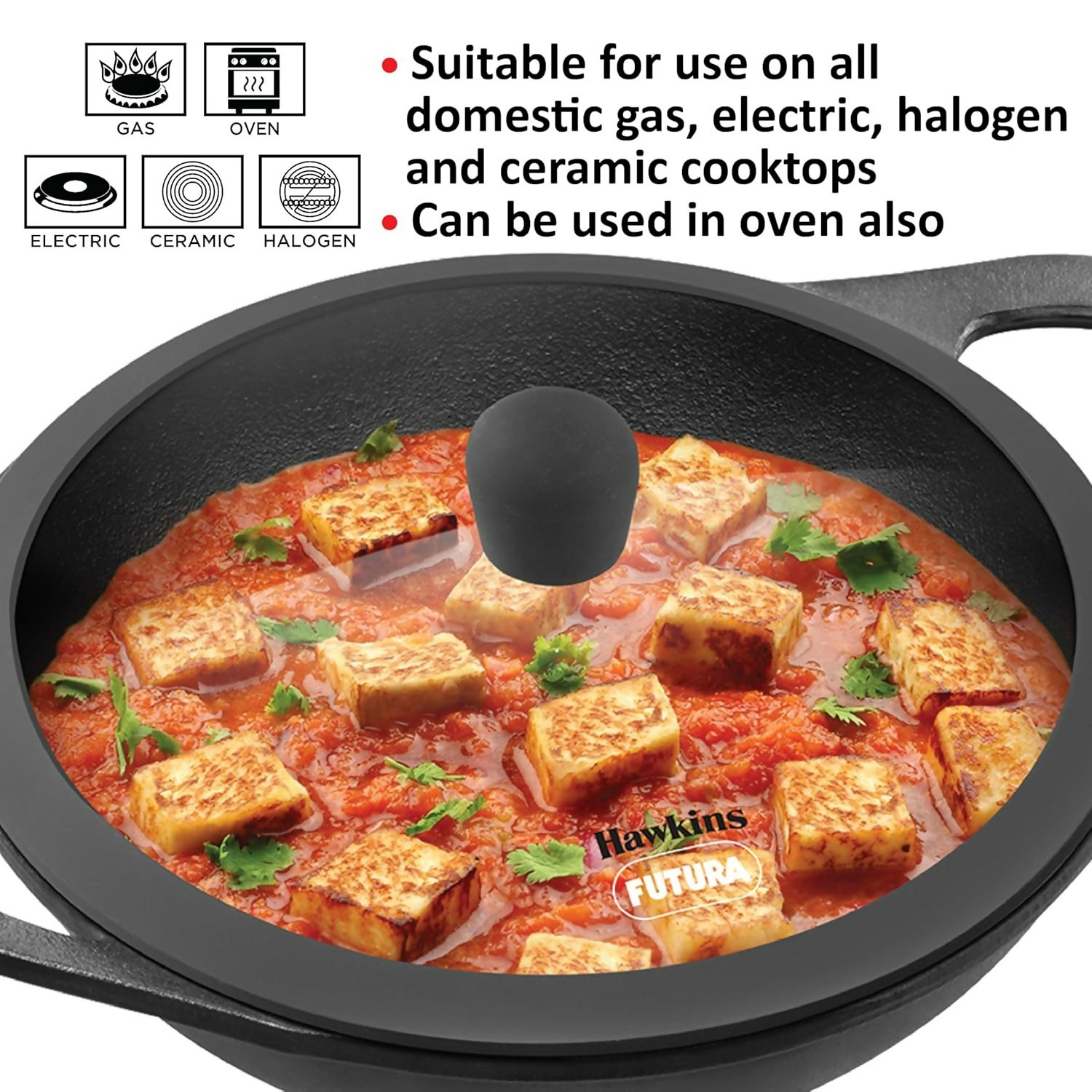 Hawkins Futura Cast Iron Nonstick Kadai with Glass Lid - Black (CIK15G)
