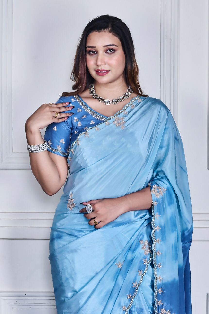 Morchari Sky Blue Crepe Hand Embroidery Saree And Stitched Blouse