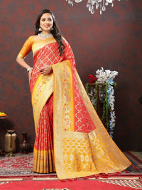 Thumbnail for Vastranavya Red Soft Patola Silk With Meenakari Weaving Motifs And Rich Zari Weaving Pallu Saree With Matching Blouse Fabric - Distacart