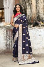 Thumbnail for Joban Fashion Navy Blue Pure Katan Pure Handloom Banarasi Silk Saree