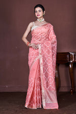 Thumbnail for Morchari Peach Cotton Chanderi Embroidery Saree Unstitched Blouse