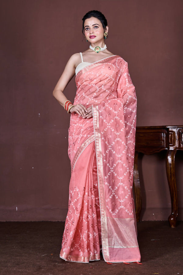 Morchari Peach Cotton Chanderi Embroidery Saree Unstitched Blouse