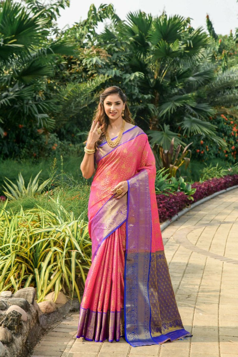 Aastha Fashion Pink Woven Kanchipuram Silk Saree with Blouse - Distacart