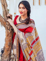 Thumbnail for Zibaa Hand-Blocked Pure Maheshwari Silk Red Saree