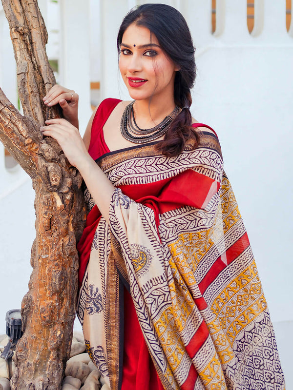 Zibaa Hand-Blocked Pure Maheshwari Silk Red Saree
