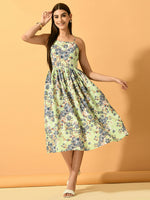 Thumbnail for Myshka Women's Lime Green Fit and Flare Party Dress - Distacart