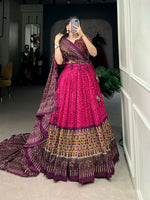 Thumbnail for Vastranavya Bandhej And Ajarakh Print Tussar Silk Lehenga Choli - Pink - Distacart
