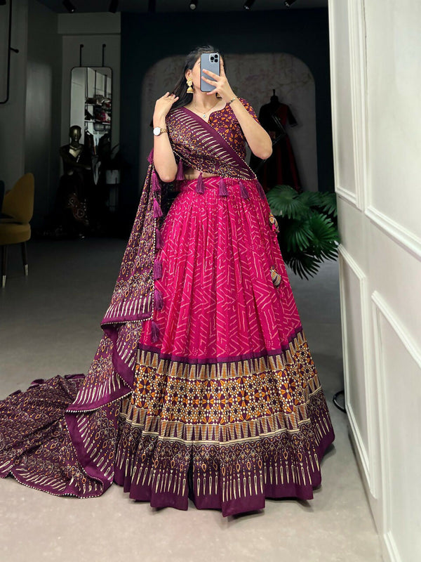 Vastranavya Bandhej And Ajarakh Print Tussar Silk Lehenga Choli - Pink - Distacart