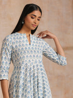 Thumbnail for trueBrowns White With Blue Green Buta Print Cotton Flared Kurta Pant Set - Distacart