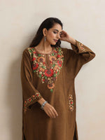 Thumbnail for trueBrowns Brown Kashmiri Floral Embroidered Woollen Phiran Kurta - Distacart