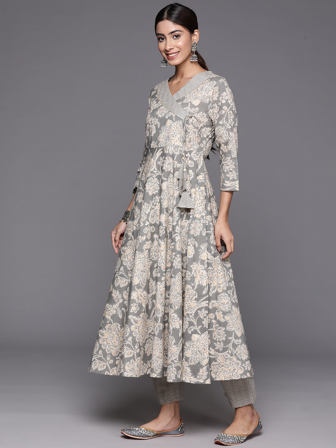 Varanga Women Grey Floral Printed Angrakha Style Anarkali Kurta Paired With Printed Bottom