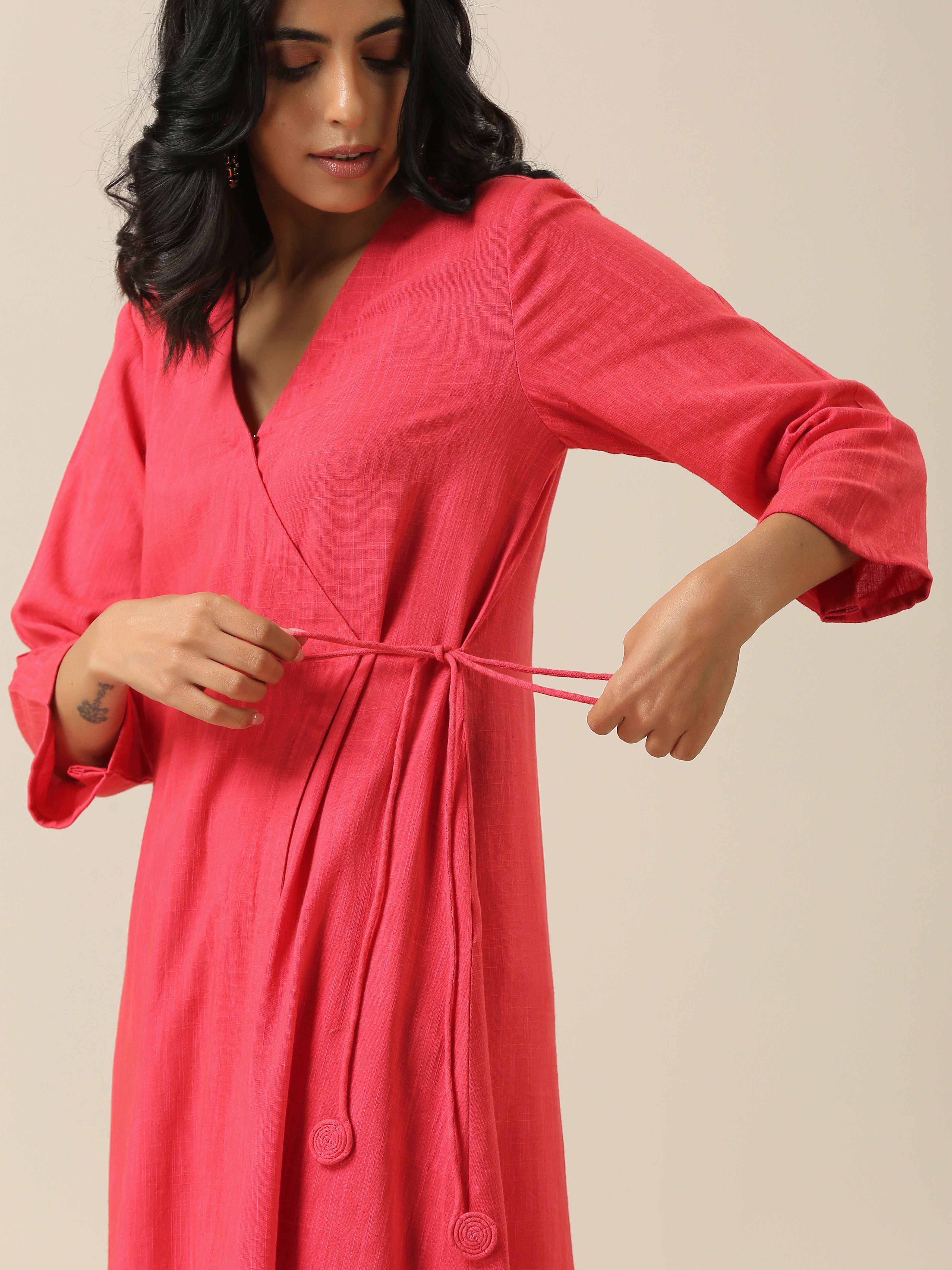 trueBrowns Bright Pink Slub Texture Angrakha Pant Set - Distacart