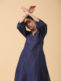 Thumbnail for trueBrowns Cotton Linen Dark Blue Kurta Pant Set - Distacart