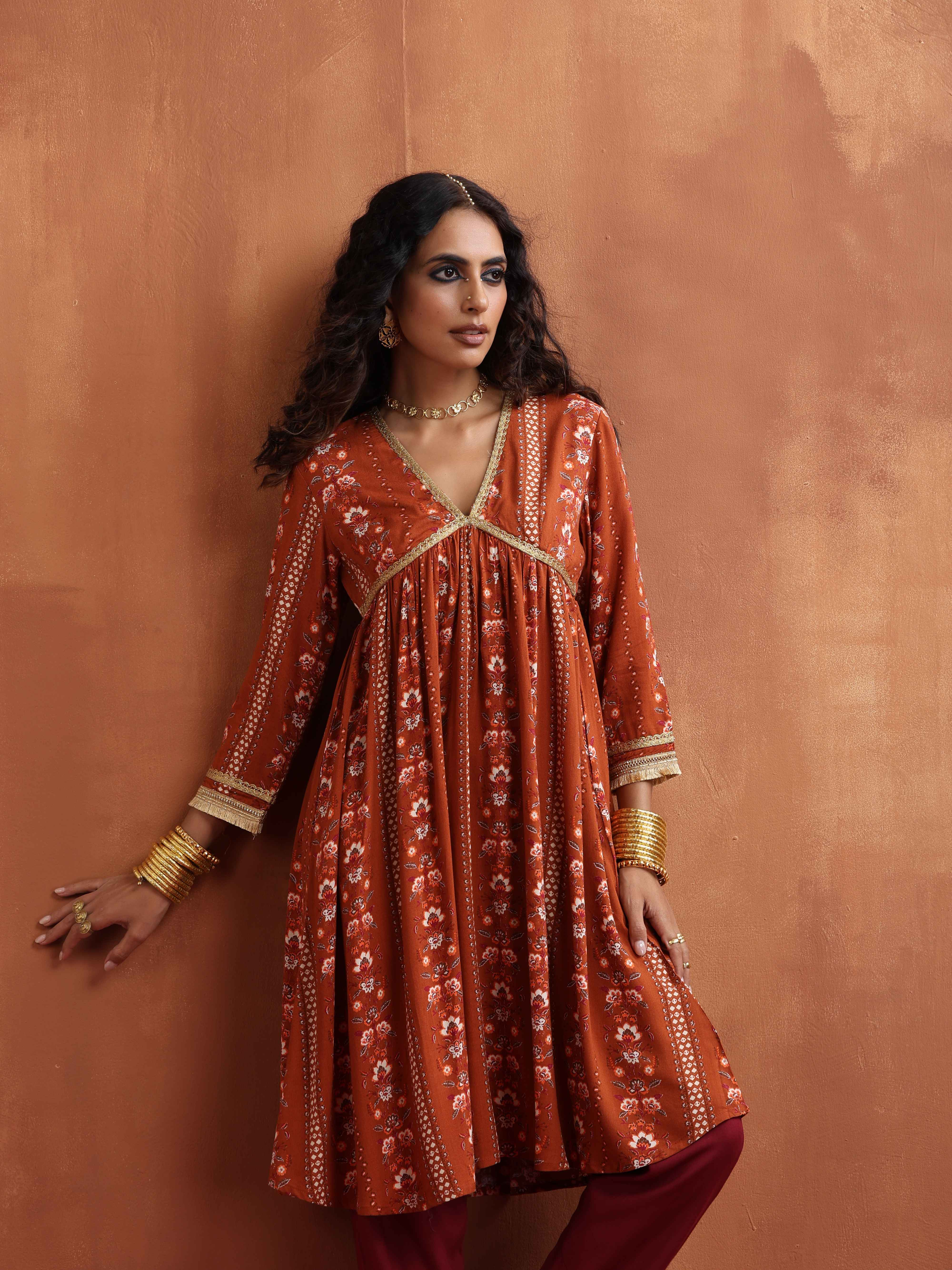 trueBrowns Orange Print Anarkali Kurta Co-ord Set - Distacart