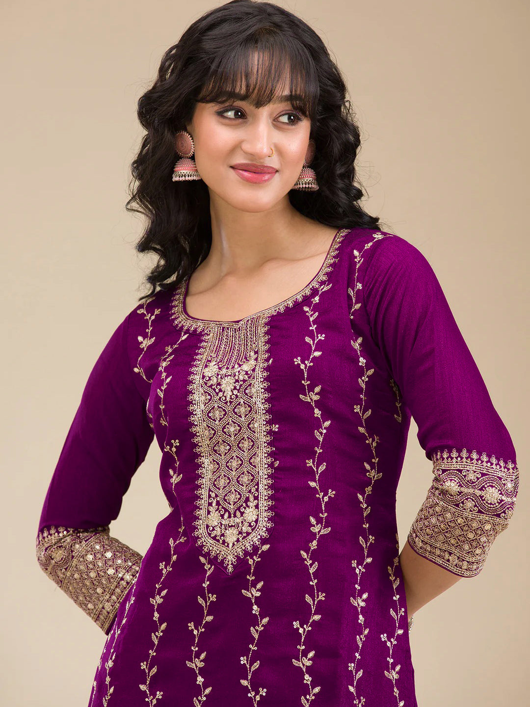 The52 Beautiful Embroidered Vichitra Silk Fabric Straight Kurta, Palazzo and Dupatta Set