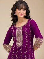 Thumbnail for The52 Beautiful Embroidered Vichitra Silk Fabric Straight Kurta, Palazzo and Dupatta Set