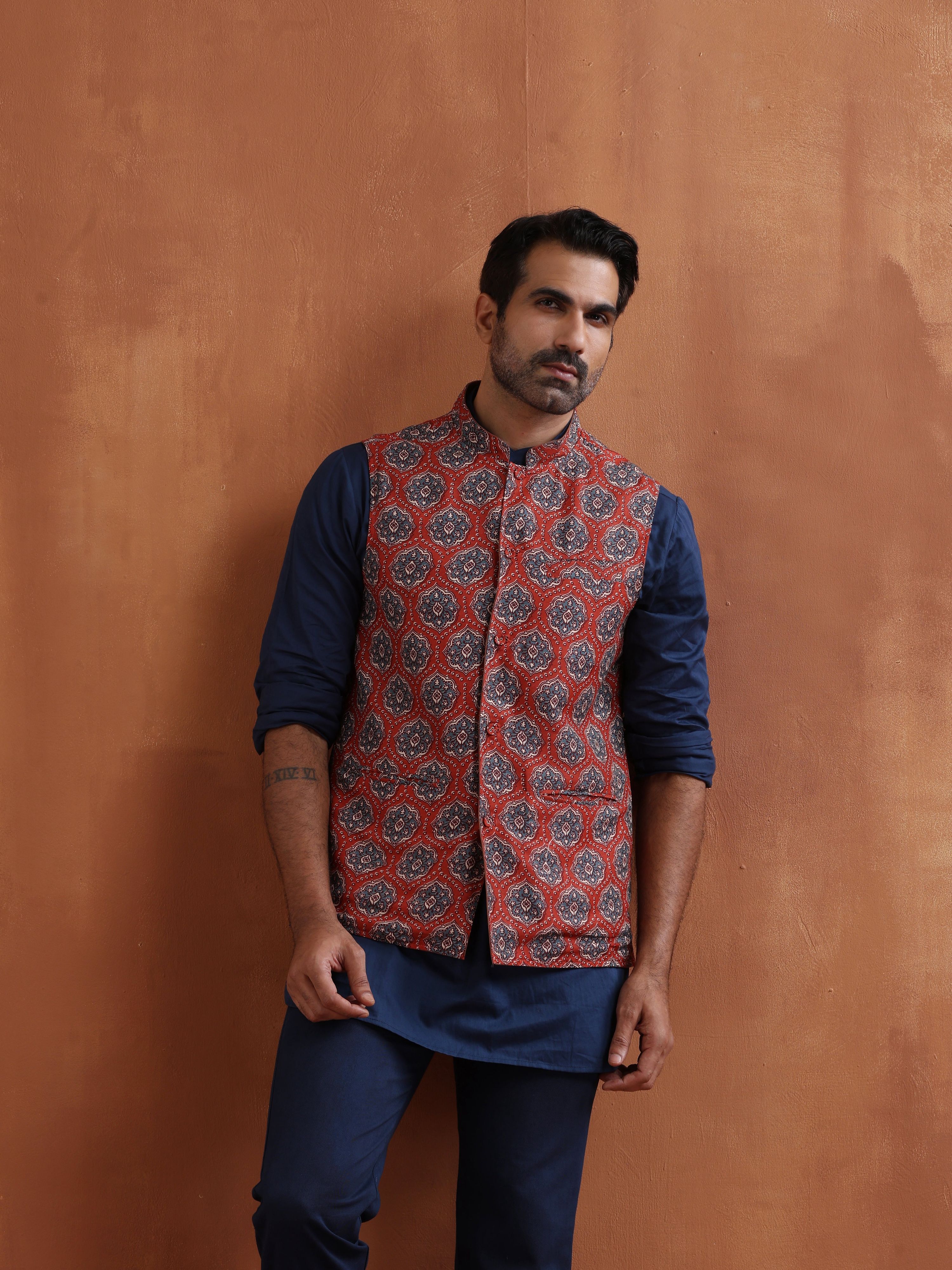 trueBrowns Men's Rust Printed Reversible Nehru Jacket - Distacart