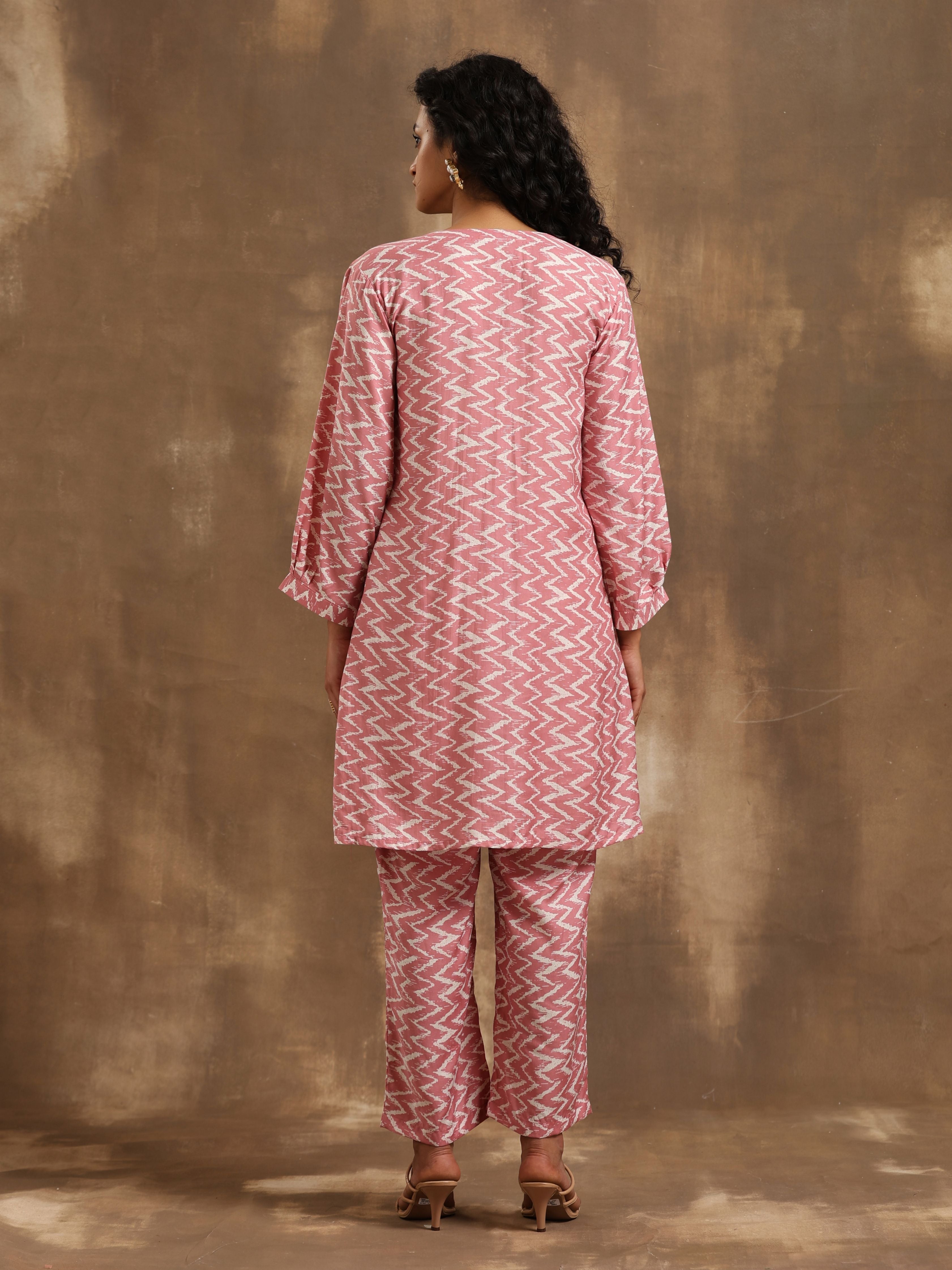 trueBrowns Light Mauve Zig-Zag Printed Silk Co-Ord Set - Distacart