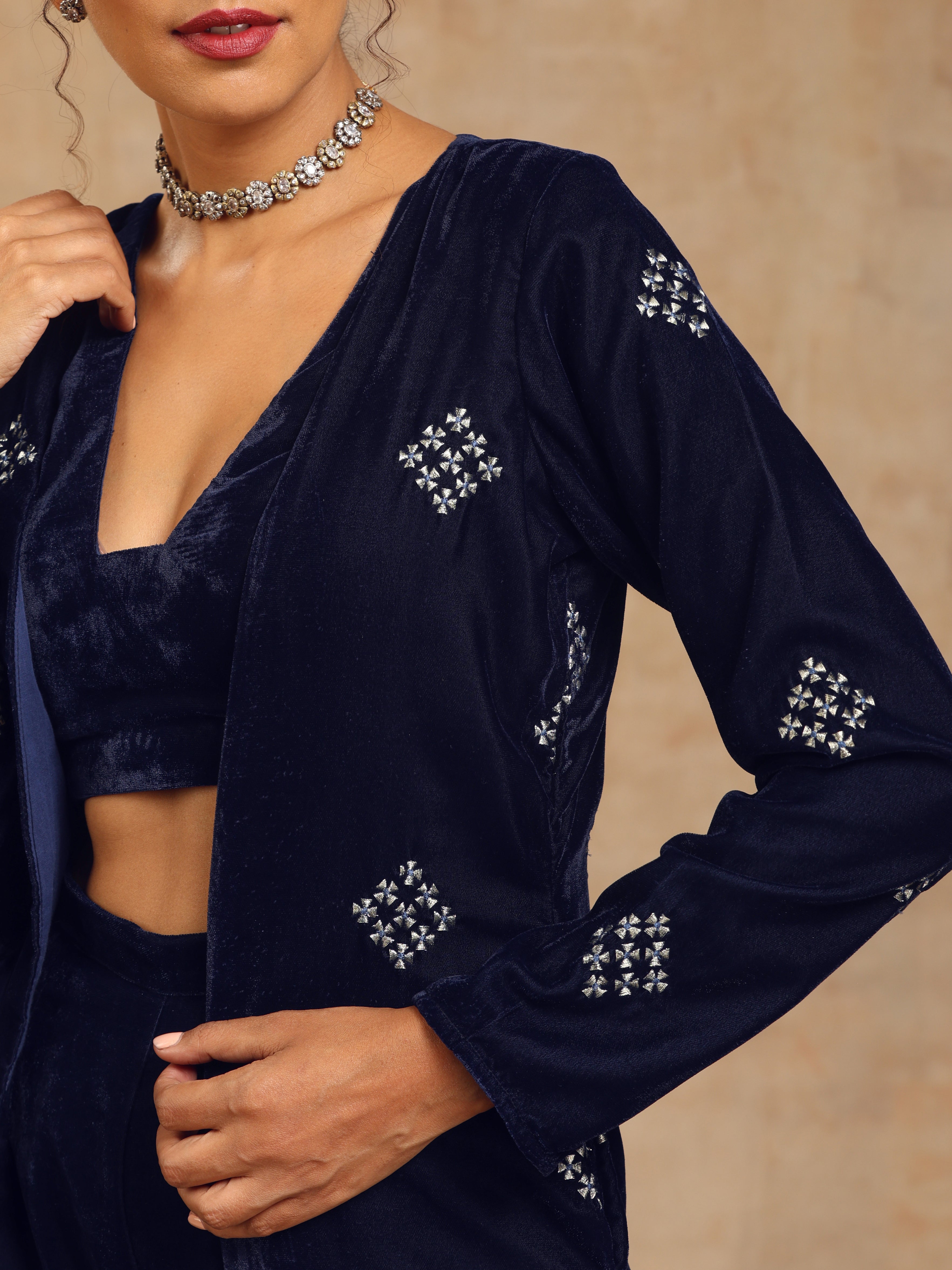 trueBrowns Midnight Blue Velvet Embroidered Jacket Set - Distacart