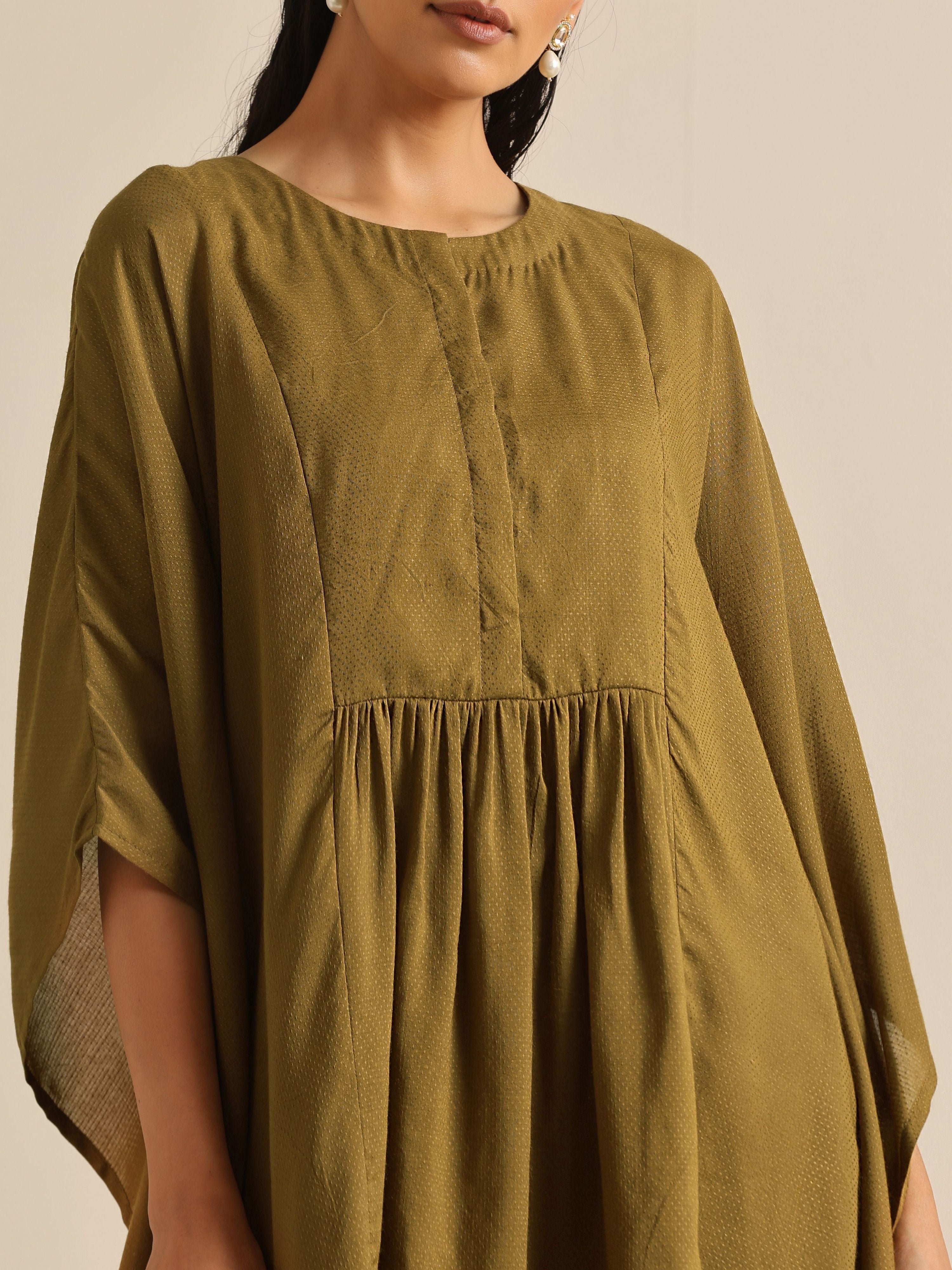 trueBrowns Olive Green Texture Doddy Kaftan Gathered Co-Ord Set - Distacart