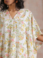 Thumbnail for trueBrowns Pink Yellow Floral On White Block Print Cotton Panel Kaftan Kurta Pant Set - Distacart