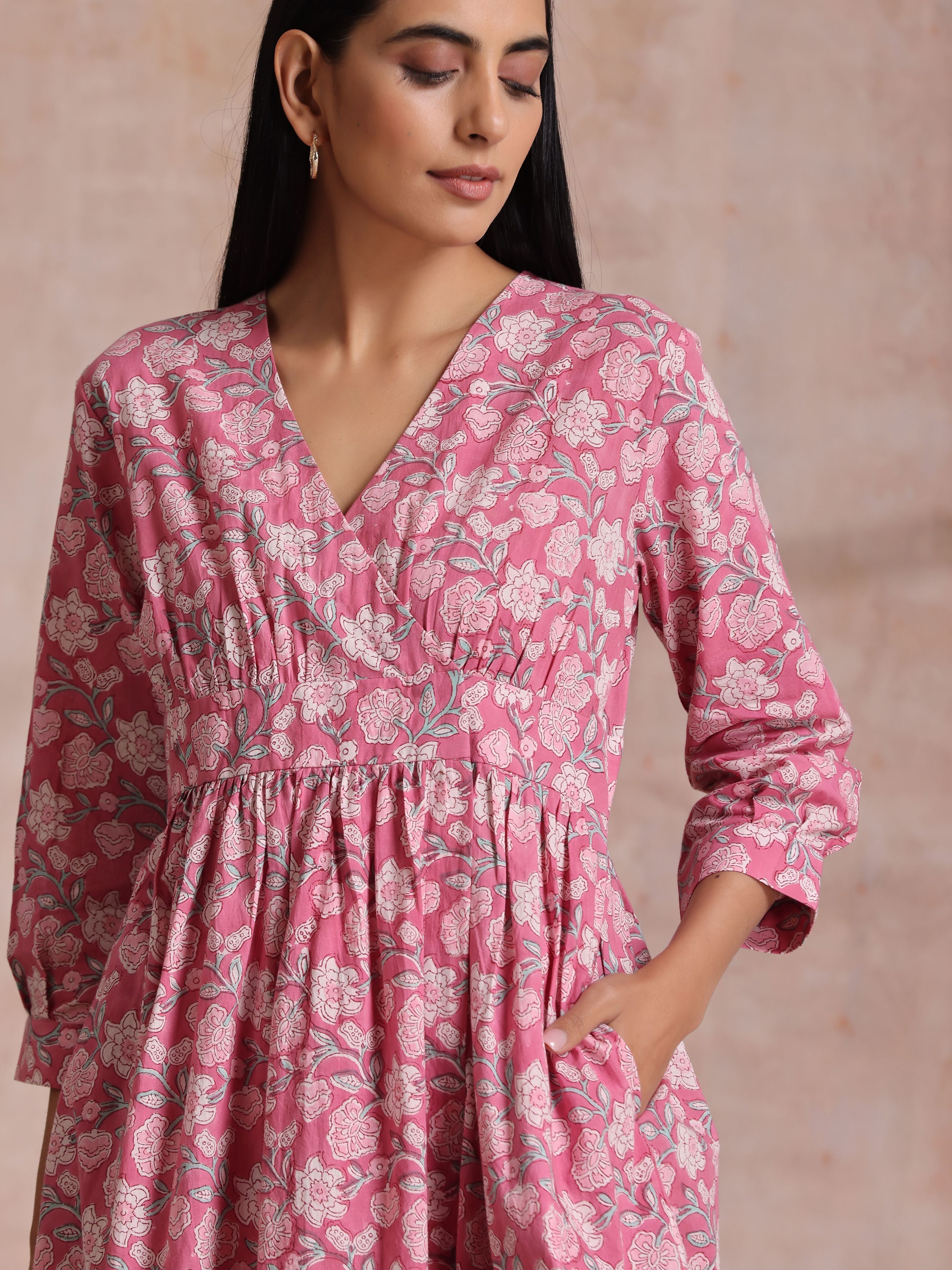 trueBrowns Pink Overall Floral Block Print Cotton Wrap Dress - Distacart