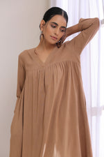 Thumbnail for trueBrowns Beige Dobby Gathered Kurta Pant Set - Distacart