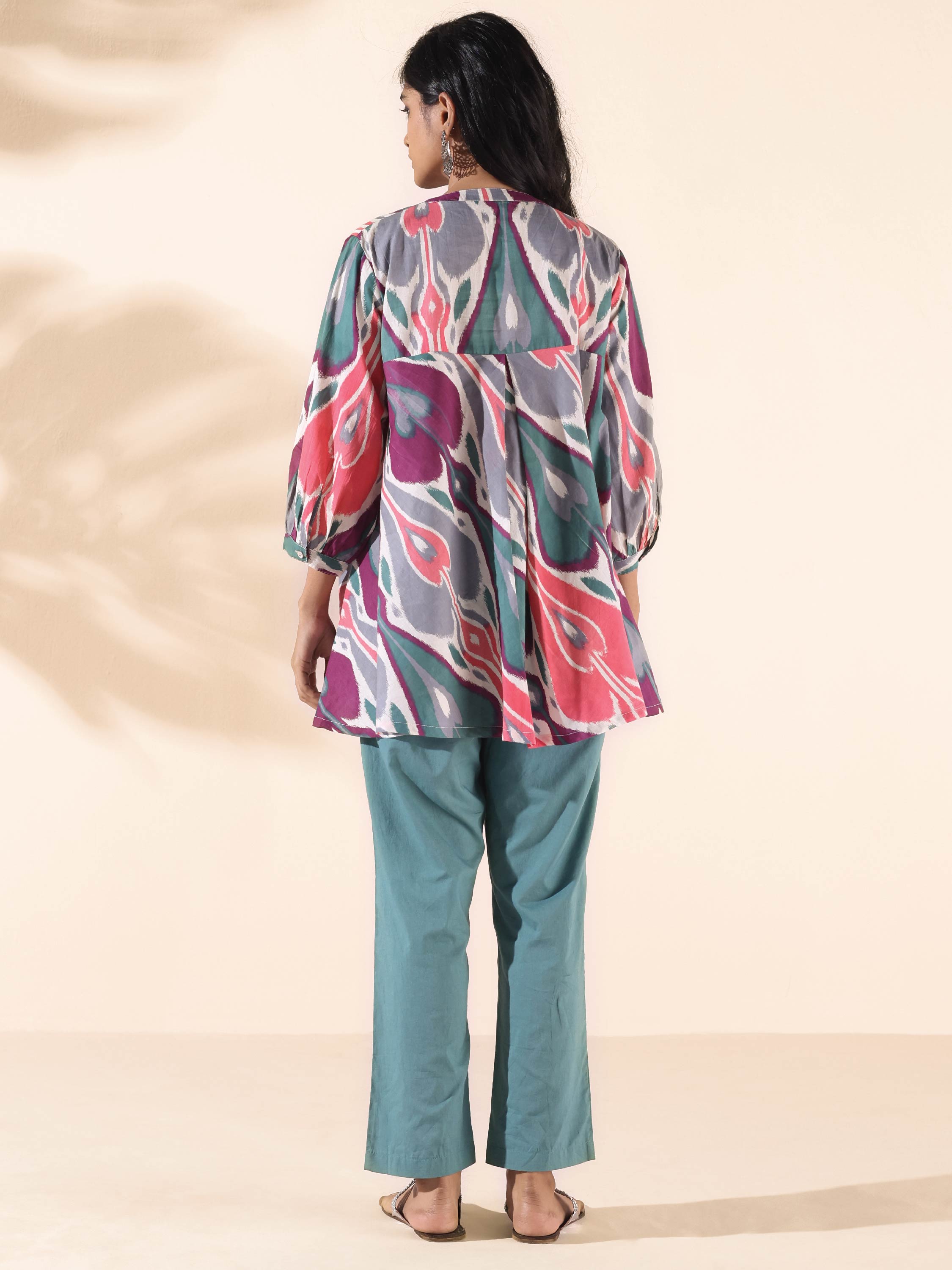 trueBrowns Green Cotton Ikat Flared Co-ord Set - Distacart