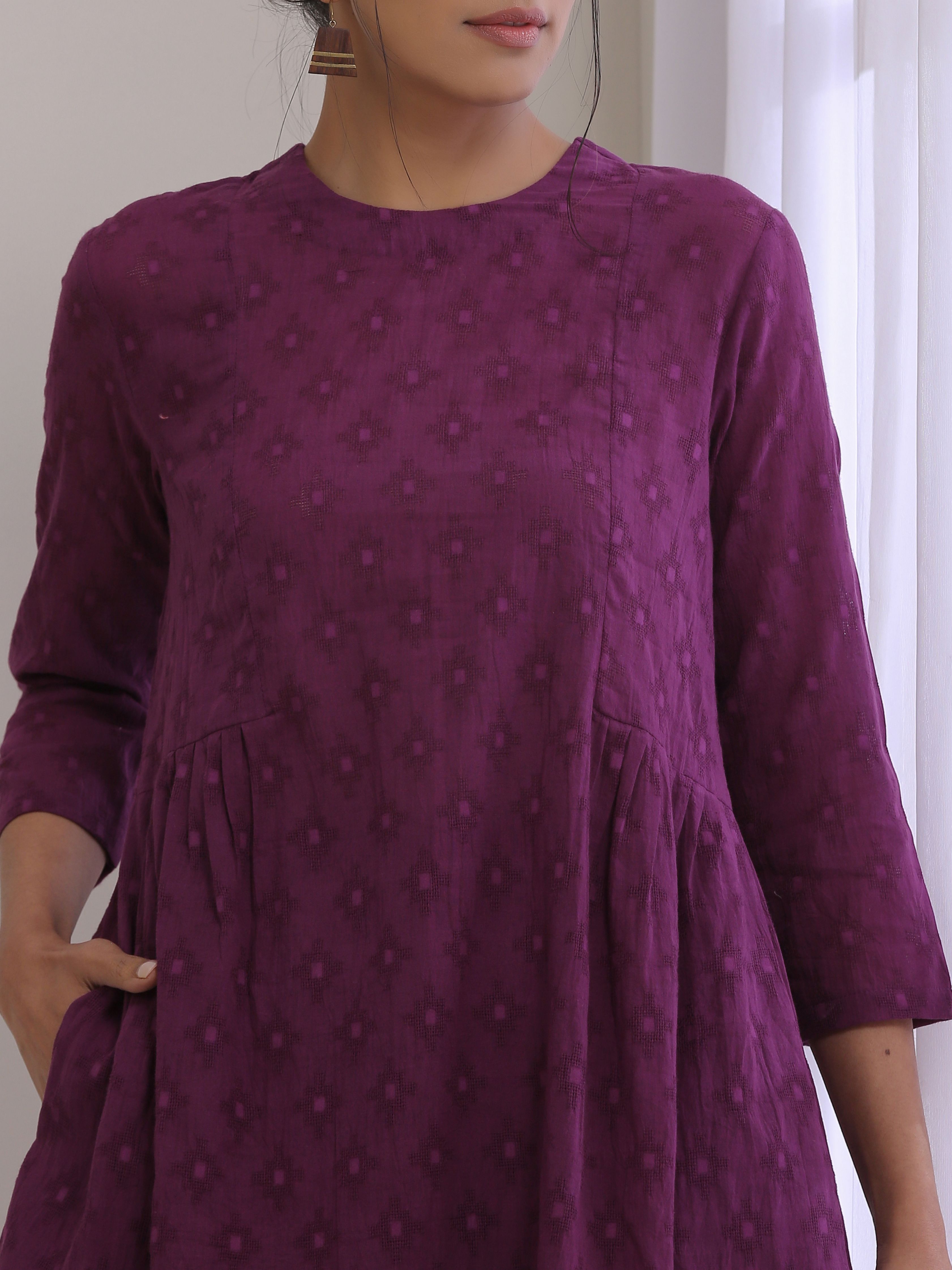 trueBrowns Plum Purple Dobby Gathers Co-Ord Set - Distacart