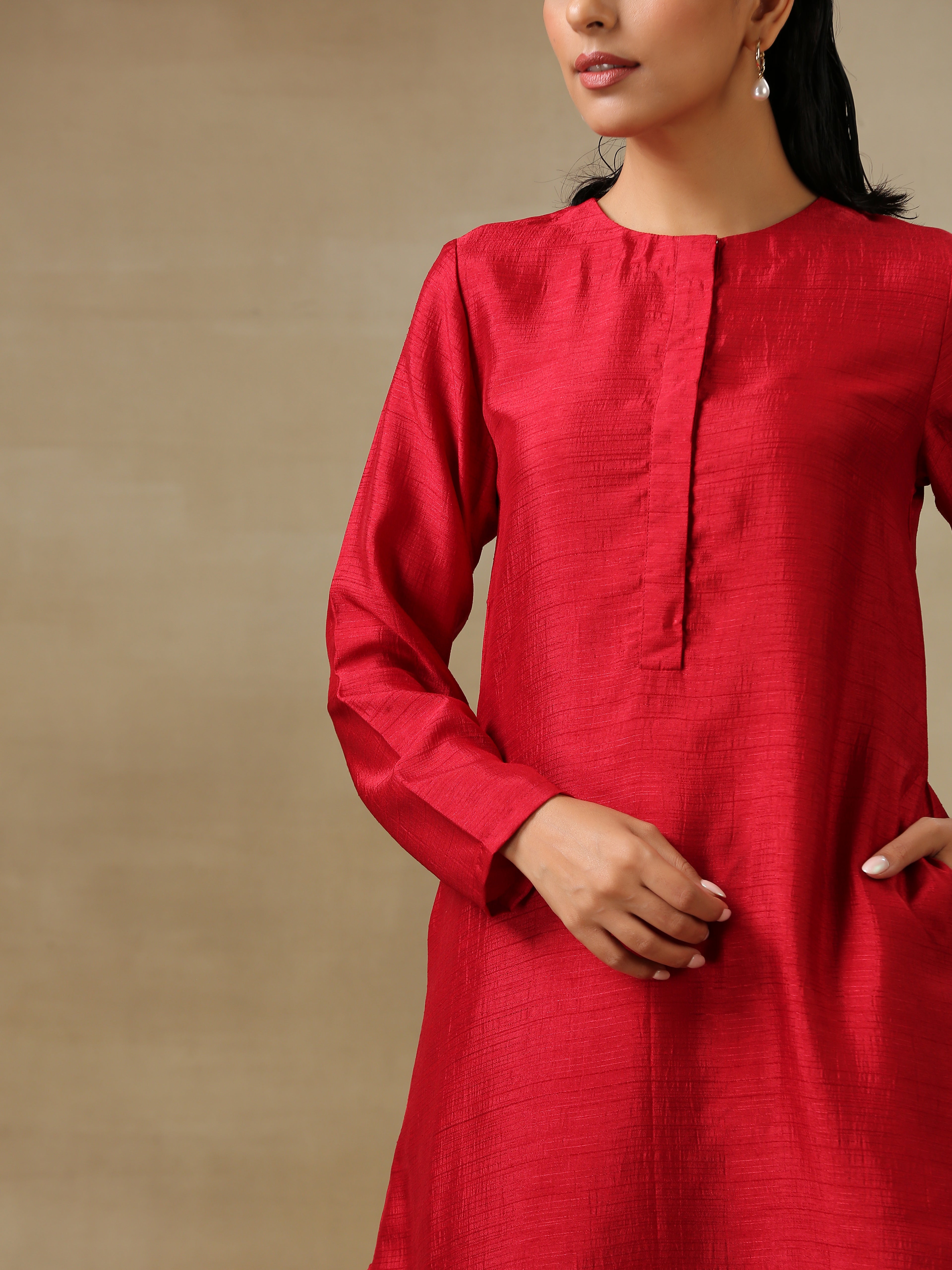 trueBrowns Maroon Textured Silk Front Placket Co-Ord Set - Distacart