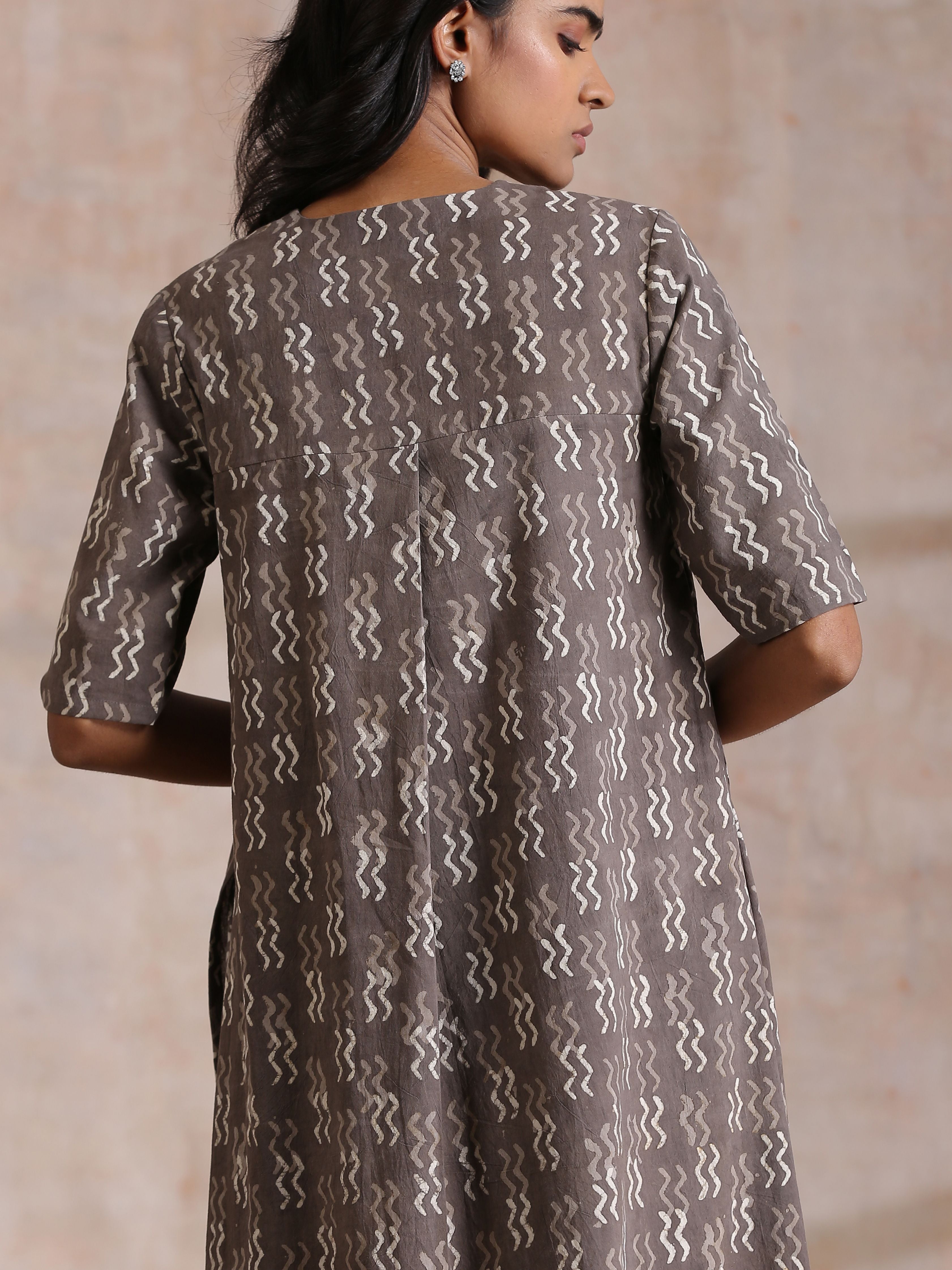 trueBrowns Clay Dabu Zig-Zag Motifs Print Cotton Kurta Pant Set - Distacart