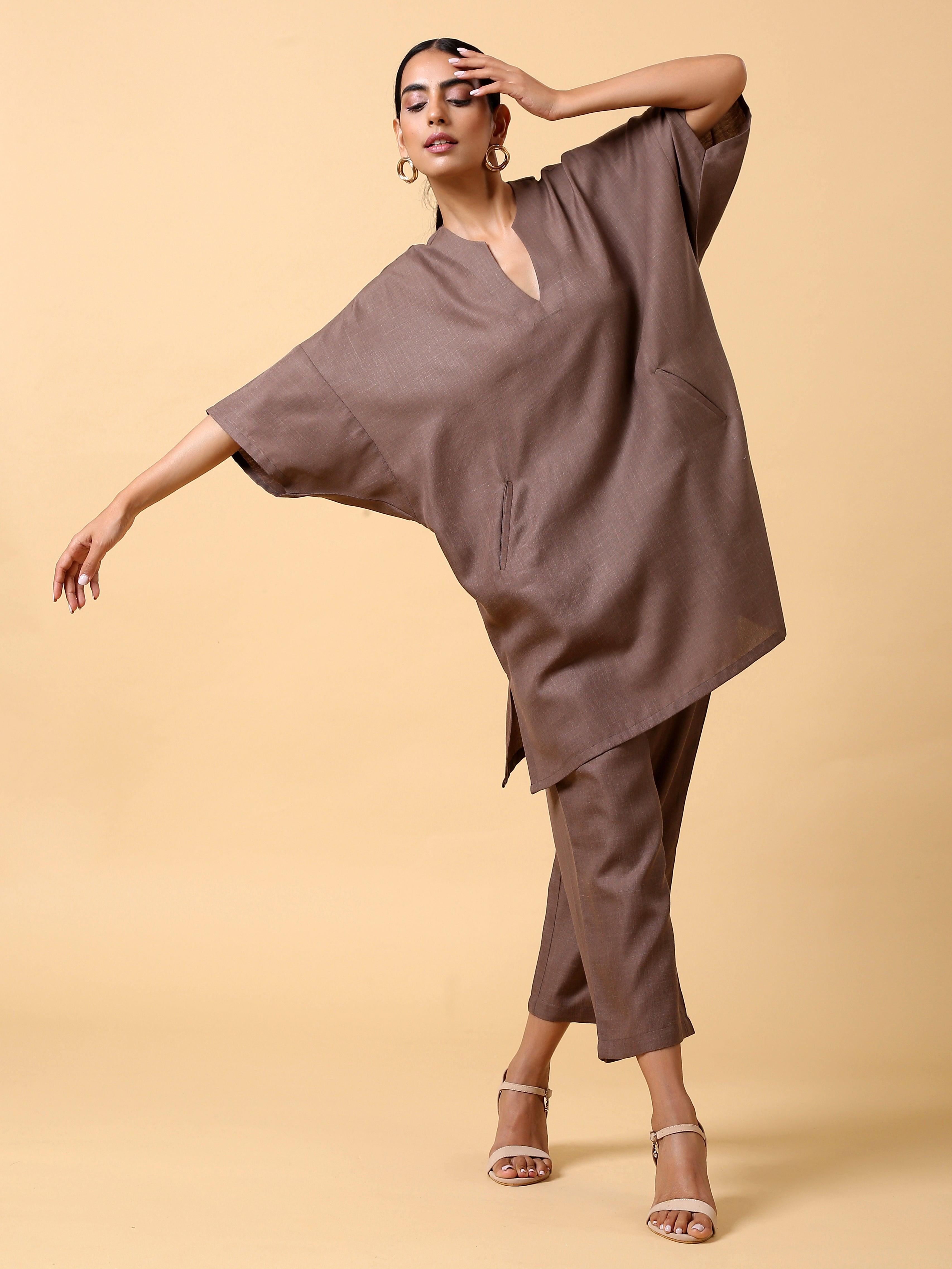 trueBrowns Cotton Linen Burnt Brown Boxy Fit Co-Ord Set - Distacart